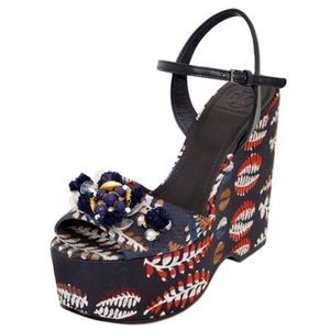 NWOB Tory Burch Embellished Solana Jacquard Platform Wedges